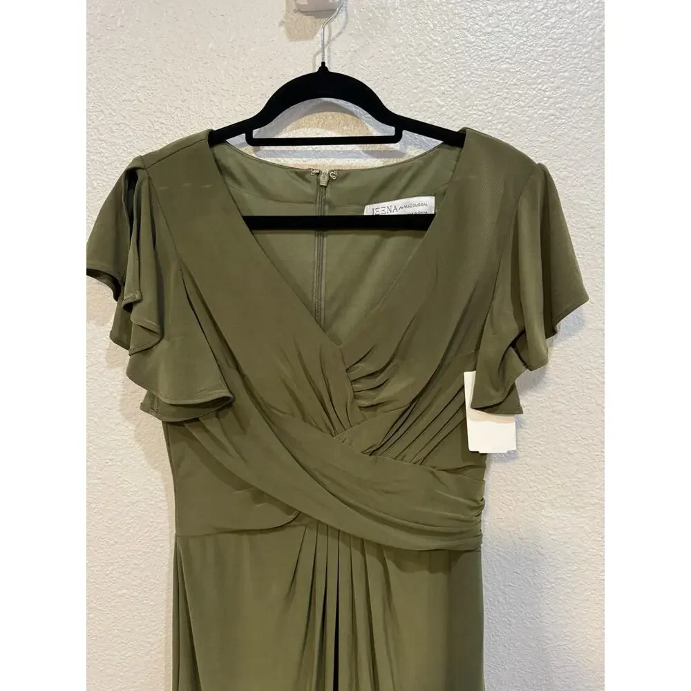 IEENA for MAC DUGGAL Dress $378 FLAW Flounce Sleeve Midi Dress Olive Size 4 - Picture 7 of 12